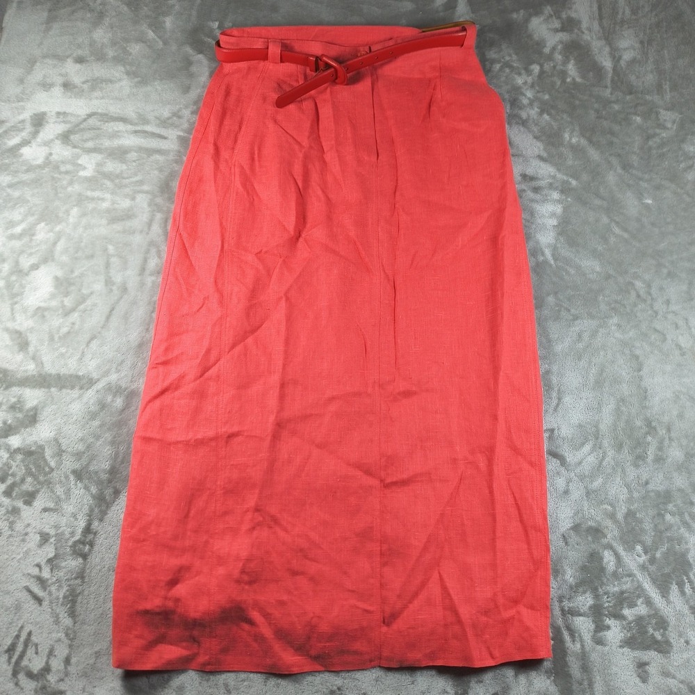 Vintage Harve Benard Linen Skirt Womens 16 Pink Coral Midi Pencil With Belt 90s